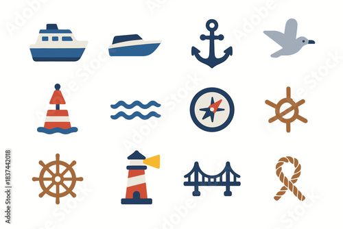 Ferry icon cargo icons marine seagull transport wave lighthouse rope compass bridge