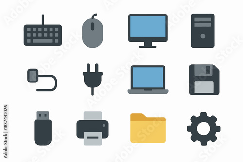 Laptop computer keyboard printer vector cpu icons cable minimalist folder drive icon