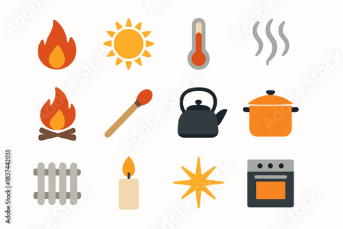 Icon heat vector sun pot matchstick flame smoke campfire set thermometer radiator