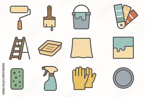 Icon paint drop gloves palette vector lid roller sponge tool tray icons