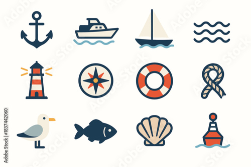 Seagull icon buoy sail lighthouse minimal lifebuoy rope fish vector marine wave
