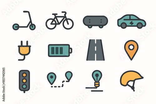 Icon mobility signal route vector icons urban scooter battery pin helmet plug