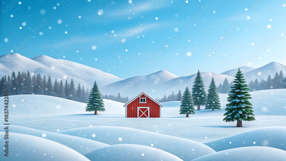 Fototapeta premium Charming red barn in a serene winter landscape with snow falling