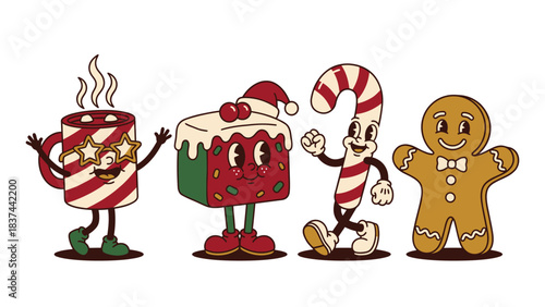 Retro Christmas Characters Hot Cocoa Fruitcake Candy Cane Gingerbread Man Dancing Vintage Holiday Fun