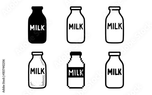 Set of milk bottle icons in various styles: black, outline, pixel, and sketch