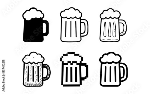 Set of six beer mugs in various hand-drawn and pixel art styles
