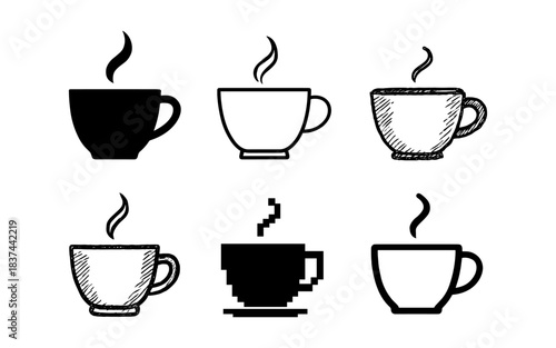 Diverse coffee cup designs in various artistic styles