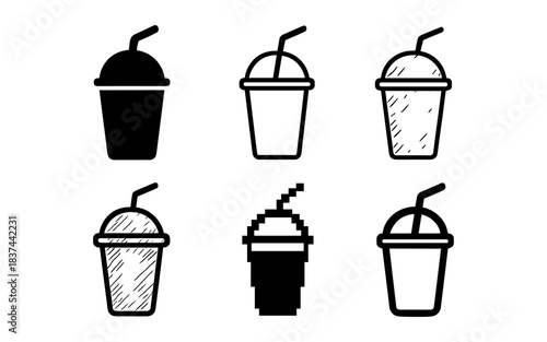 Variety of drink icon styles featuring straws in silhouette, outline, and pixel art