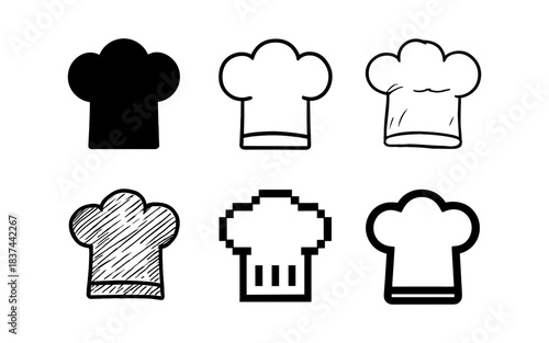 Chef hat icon set: diverse styles in sketch, outline, and pixel art