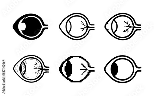 Minimalist eye anatomy icons: silhouette and pixel art styles