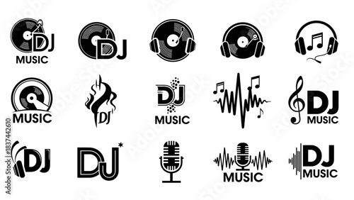 A collection of vector DJ logos featuring various designs.