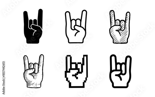 Collection of rock hand gesture icons in various artistic styles