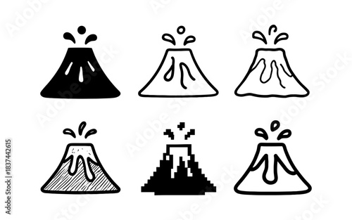 Volcanic eruption icons: unique set of flat and pixel art styles