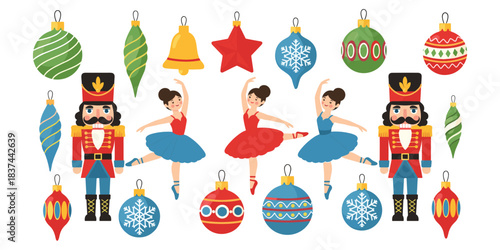 Nutcracker holiday ballet illustration, ballerinas toy soldiers ornaments, festive Christmas decor scene, vibrant celebration art, flat vector illustration