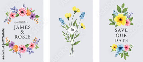 Wedding floral card set, save the date, reserved sign, bouquet initials label, elegant flower design, flat vector illustration
