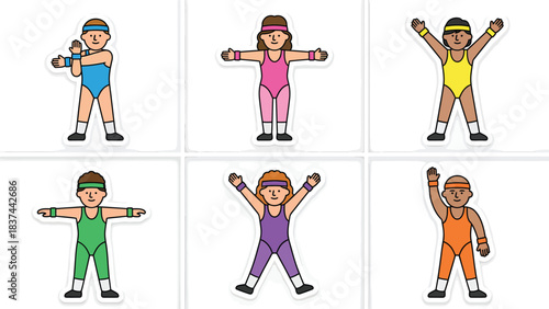 Retro Fitness Girls and Boys Doing Aerobics and Exercises in Colorful Leotards