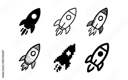 Diverse rocket designs in black and white styles