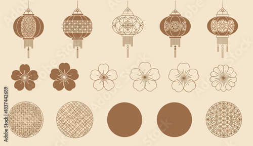 Asian lantern flower circle design set, traditional decorative motif collection, cultural celebration elements, flat vector illustration