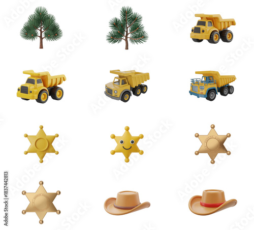 png set of icons depicting trees, construction vehicles, sheriff badges, and cowboy hats, representing a western theme.
