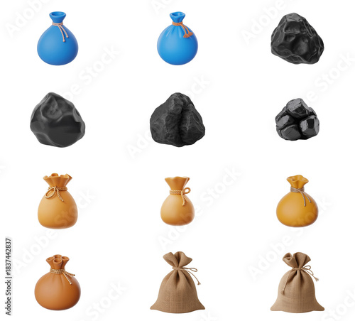 png set of icons depicting bags of gold, charcoal, and brown sacks, representing wealth and resources.