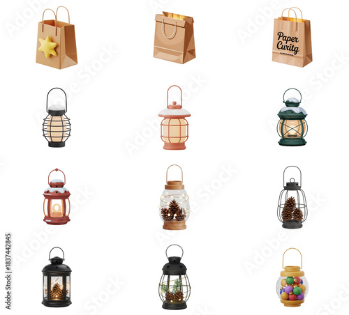 png set of icons depicting paper bags and lanterns in various colors and designs.