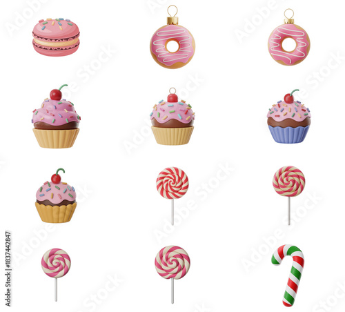 png set of icons depicting various sweet treats, including cupcakes, donuts, and lollipops, in pink and red hues.