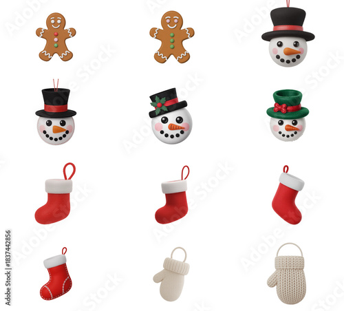 png set of icons depicting gingerbread men, snowmen, hats, and festive socks, evoking a holiday theme.