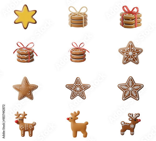 png set of icons in theme of gingerbread cookies in various shapes, festive and sweet treats.