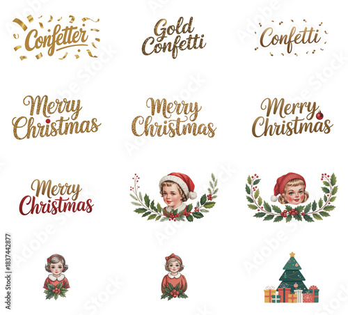 png set of icons with festive Christmas illustrations, including lettering and vintage-style decorative elements.
