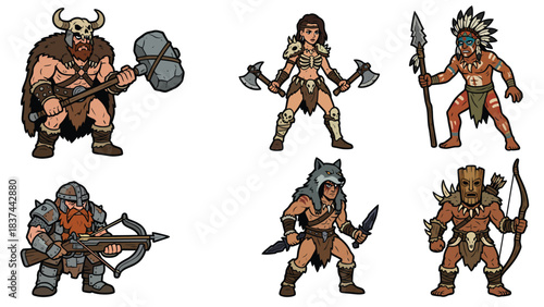 Pixel Art Warrior Characters Barbarian Archer Warrior Woman Viking Native American Dwarf Fantasy Game Assets