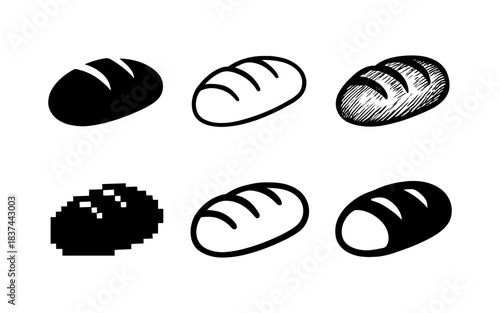 Variety of bread icons in different artistic styles on white background