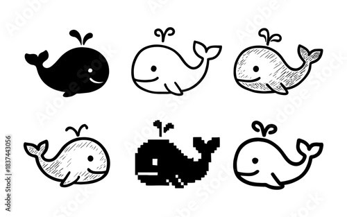 Playful whale doodles in various styles: silhouette, scribble, pixel art