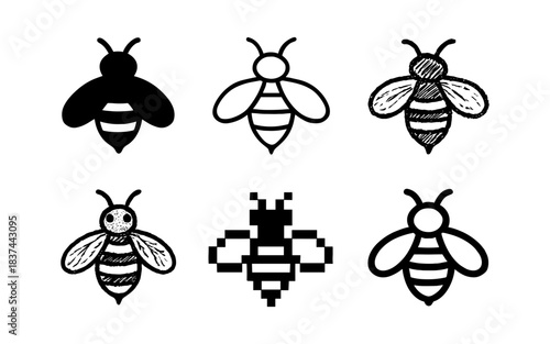 Diverse bee icons: pixel, hand drawn, silhouette, geometric designs