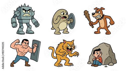 Funny Cartoon Monsters and Characters Battle Scene Heroes vs Villains Collection