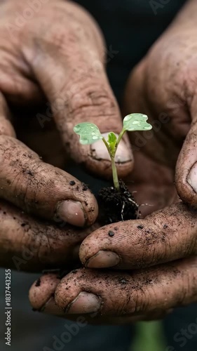 Young seedling dirty hands nurturing new growth and hope with water droplets soil dirt plant