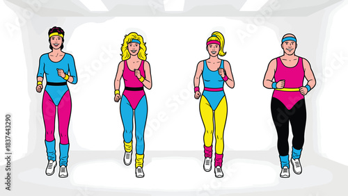 Retro 1980s Aerobics Fitness Group Running in Neon Athletic Wear