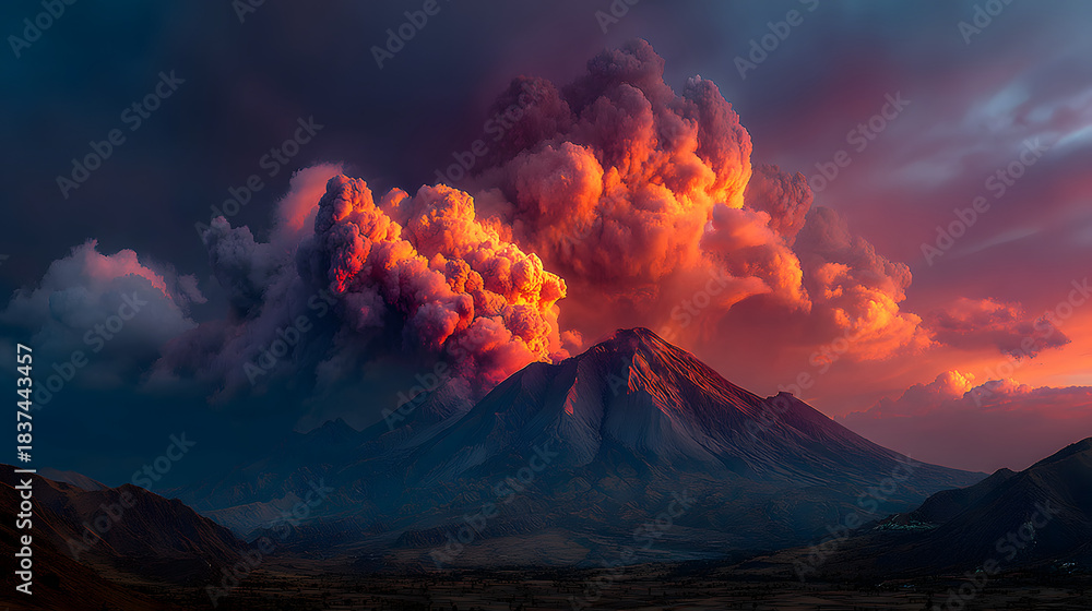 Fototapeta premium Erupting volcano spews ash and lava during dramatic sunset in the mountains