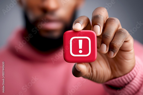 Man holding a red warning symbol in hand, showcasing a sense of urgency and alertness, emphasizing the importance of caution and awareness