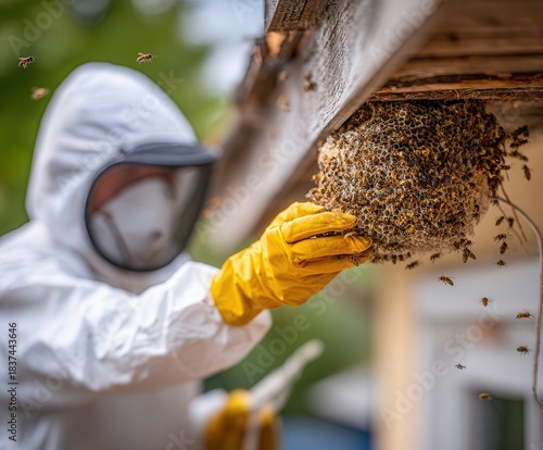 a pest control specialist removing a wasp nest located under house roof