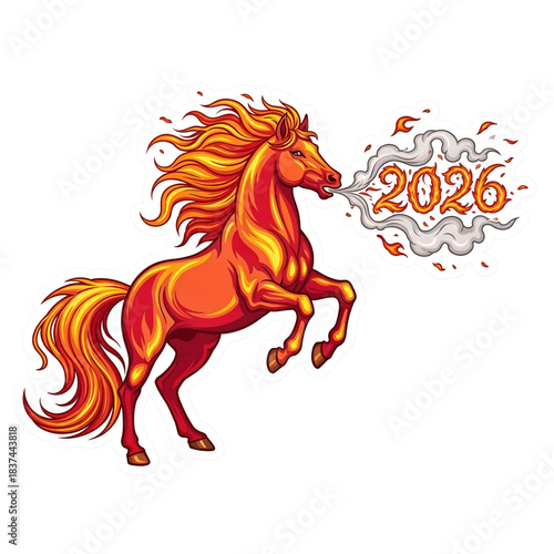 A fiery horse breathes glowing 2026 numbers in blazing style.