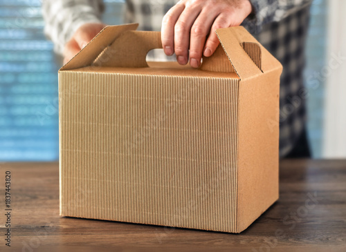 Fototapeta Male hand holding kraft takeaway gable box