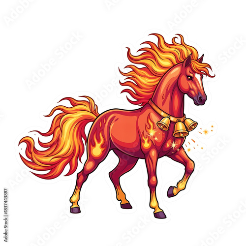 A fiery horse with golden highlights walks proudly with flaming hooves.