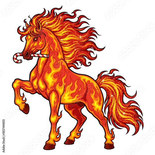 A flaming horse with flowing mane charges forward with fierce expression.