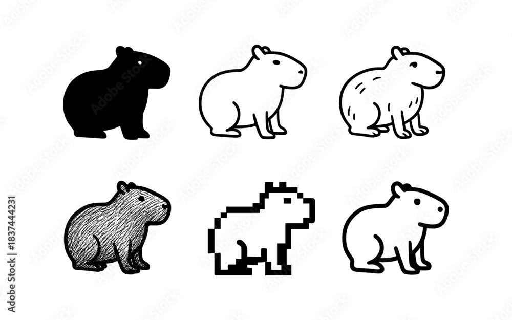 Fototapeta premium Diverse styles of capybara art: from pixelated to silhouette and scribble design