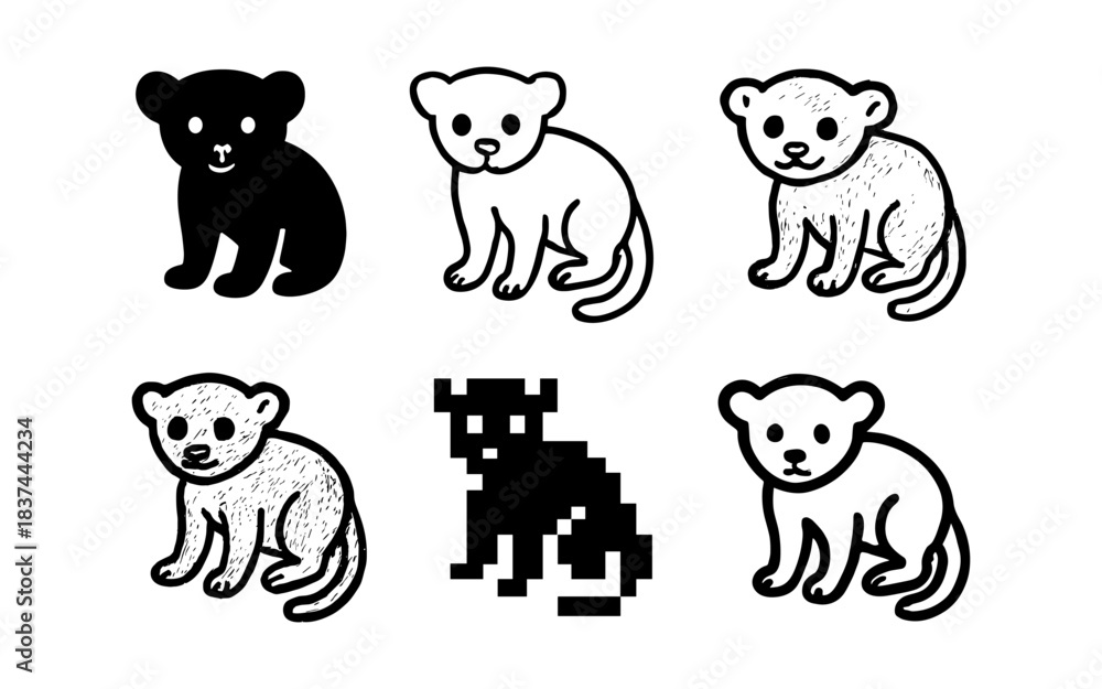 Obraz premium Diverse styles of cute cartoon lion cubs: silhouette, line art, pixel art, and more