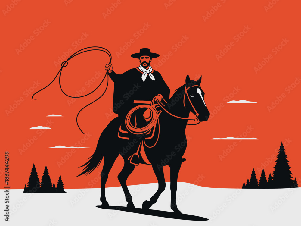 Naklejka premium Cowboy Riding Horse with Lasso Illustration