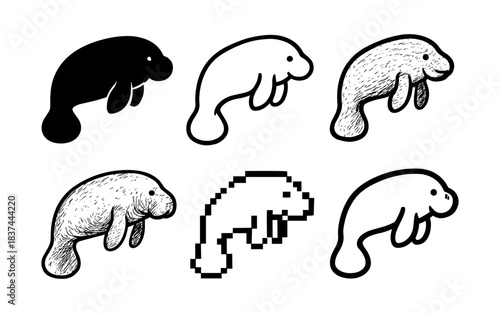 Diverse manatee designs: pixel, sketch, silhouette, outline with color variations