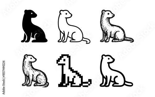 Stylized ferret designs in diverse artistic styles: silhouette, pixel, and sketch