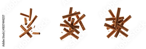 Set of Scattered Clusters of Dried Cinnamon Sticks on White Background – oil paint png