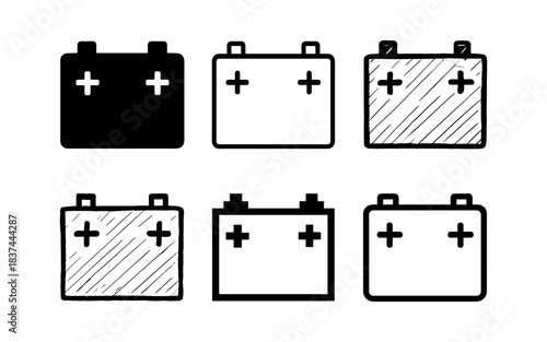 Car battery icons set: linear and sketch styles with black and white variants